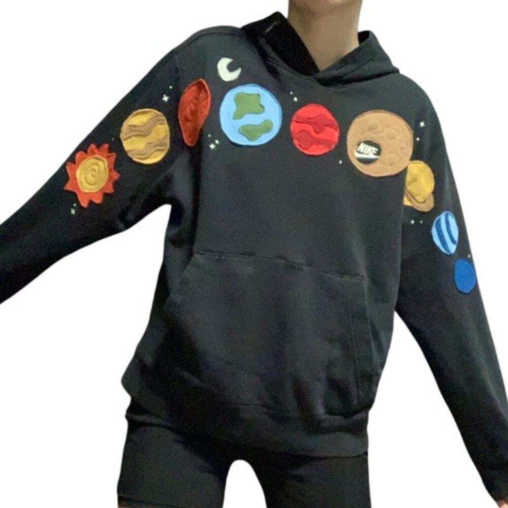 Custom Upcycled Nike Space Planet Patchwork Hoodie – Medium
